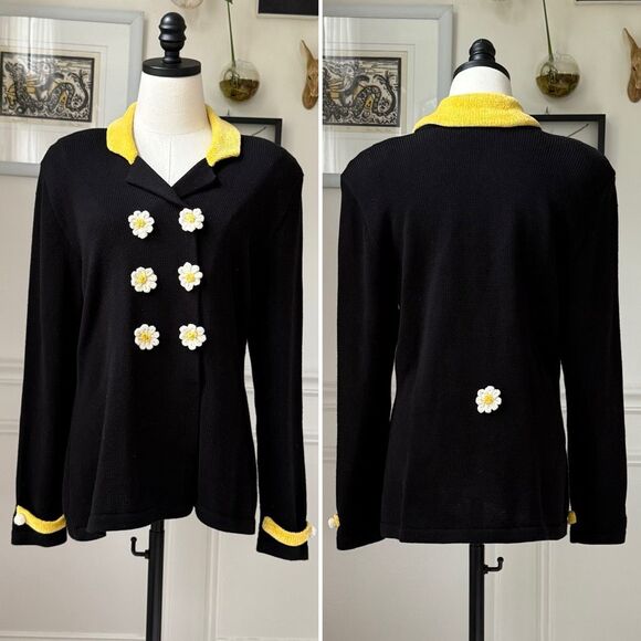 Jamie Kreitman Daisy Double Breasted Cardigan Sweater Blazer Black White Yellow - Picture 1 of 9